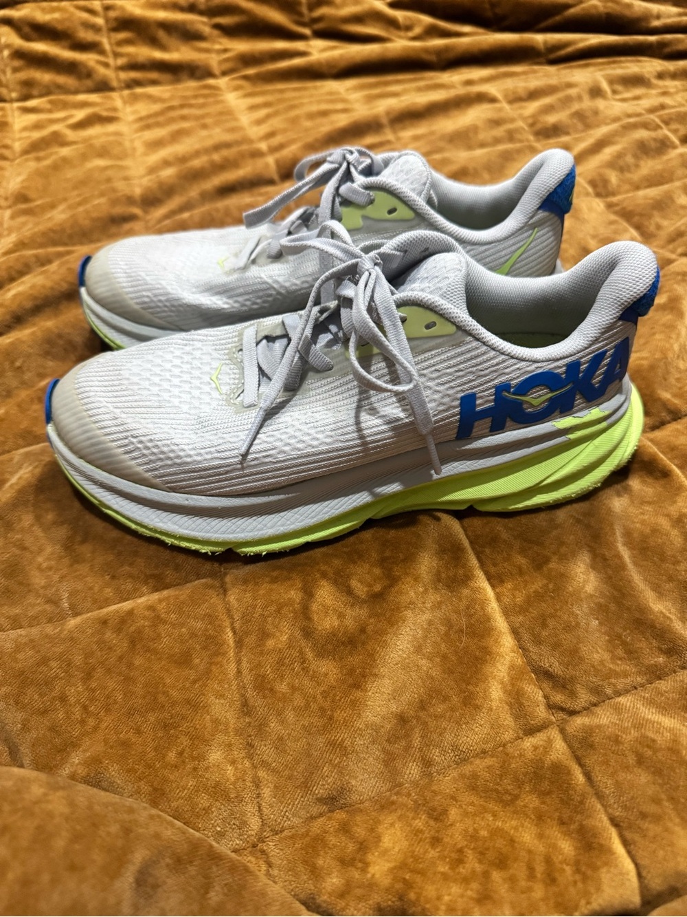 Hoka White & Neon Yellow Running Shoes with Blue Logo